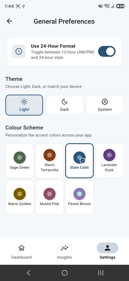 Choosing a colour scheme and light or dark mode