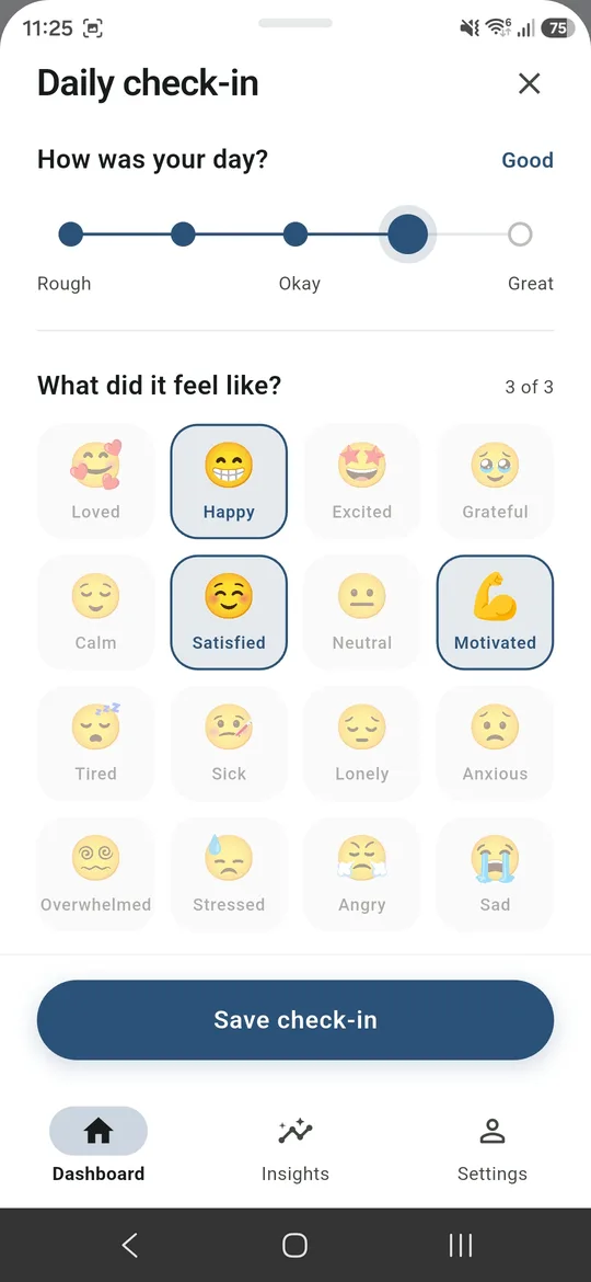 Daily check-in: rate your day and pick up to three feelings